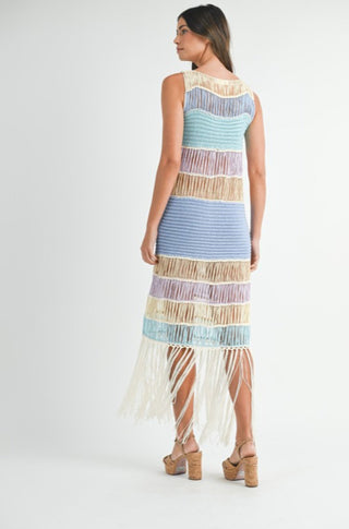 Multi Color Fringe Crochet Knit Dress - obligato