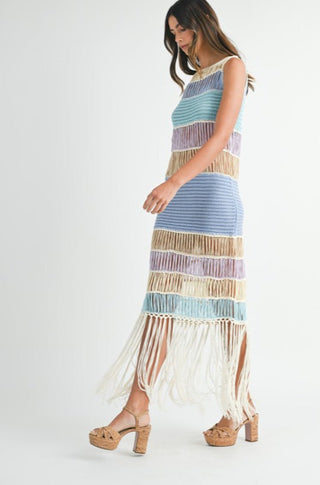 Multi Color Fringe Crochet Knit Dress - obligato