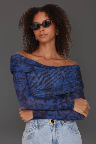 Off - Shoulder Paisley Mesh Bodysuit: Navy Cobalt / M - obligato