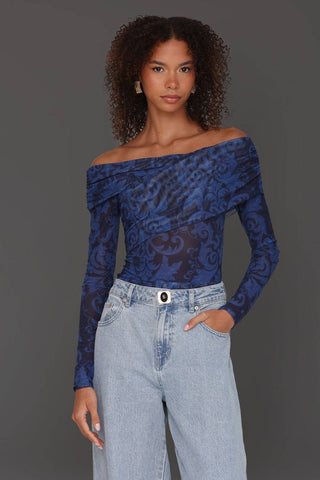 Off - Shoulder Paisley Mesh Bodysuit: Navy Cobalt / M - obligato