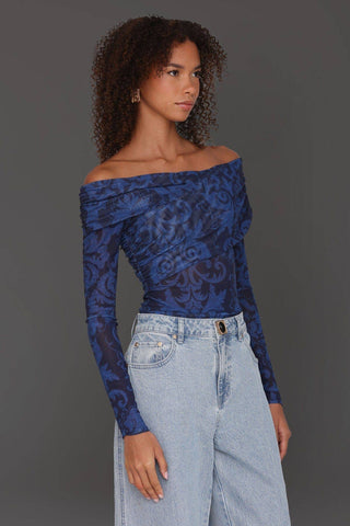 Off - Shoulder Paisley Mesh Bodysuit: Navy Cobalt / M - obligato