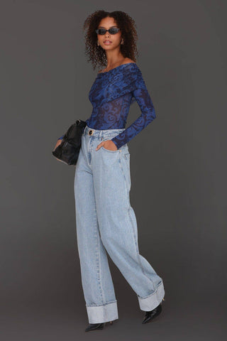 Off - Shoulder Paisley Mesh Bodysuit: Navy Cobalt / S - obligato