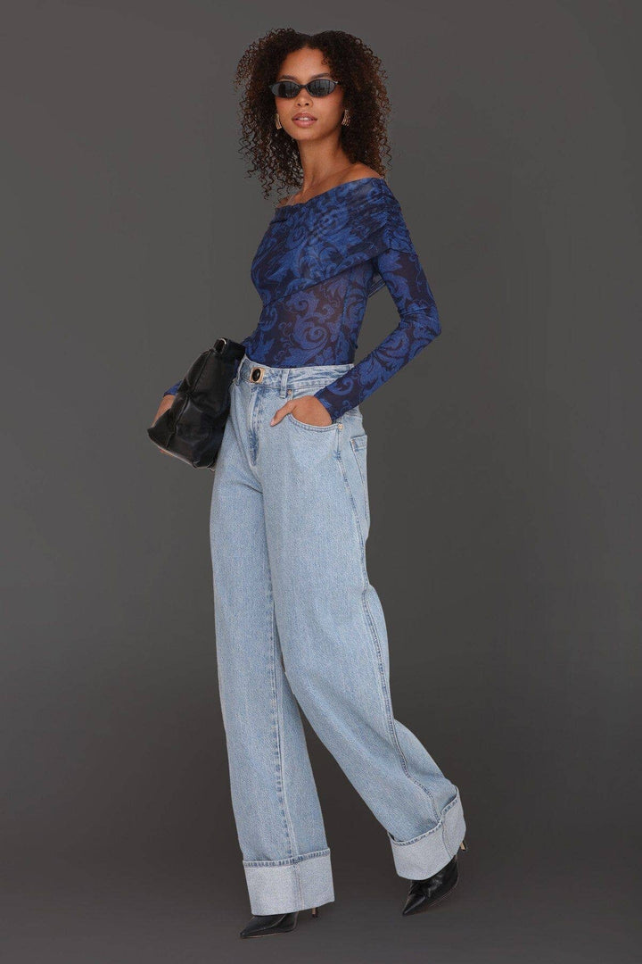 Off - Shoulder Paisley Mesh Bodysuit: Navy Cobalt / S - obligato