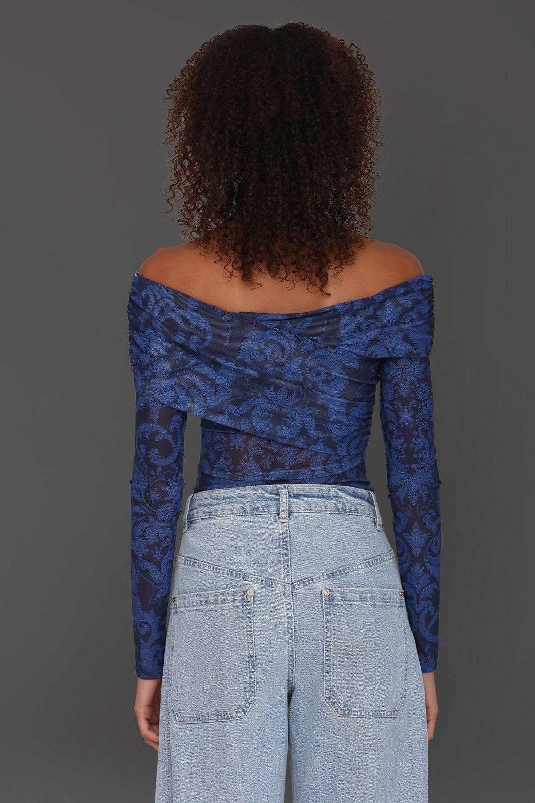 Off - Shoulder Paisley Mesh Bodysuit: Navy Cobalt / S - obligato