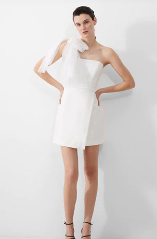 One Sleeve Organza Tie White Dress - obligato