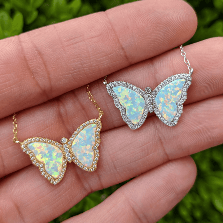 Opal Butterfly Necklace With Crystals: Tangerine Opal / Gold - obligato