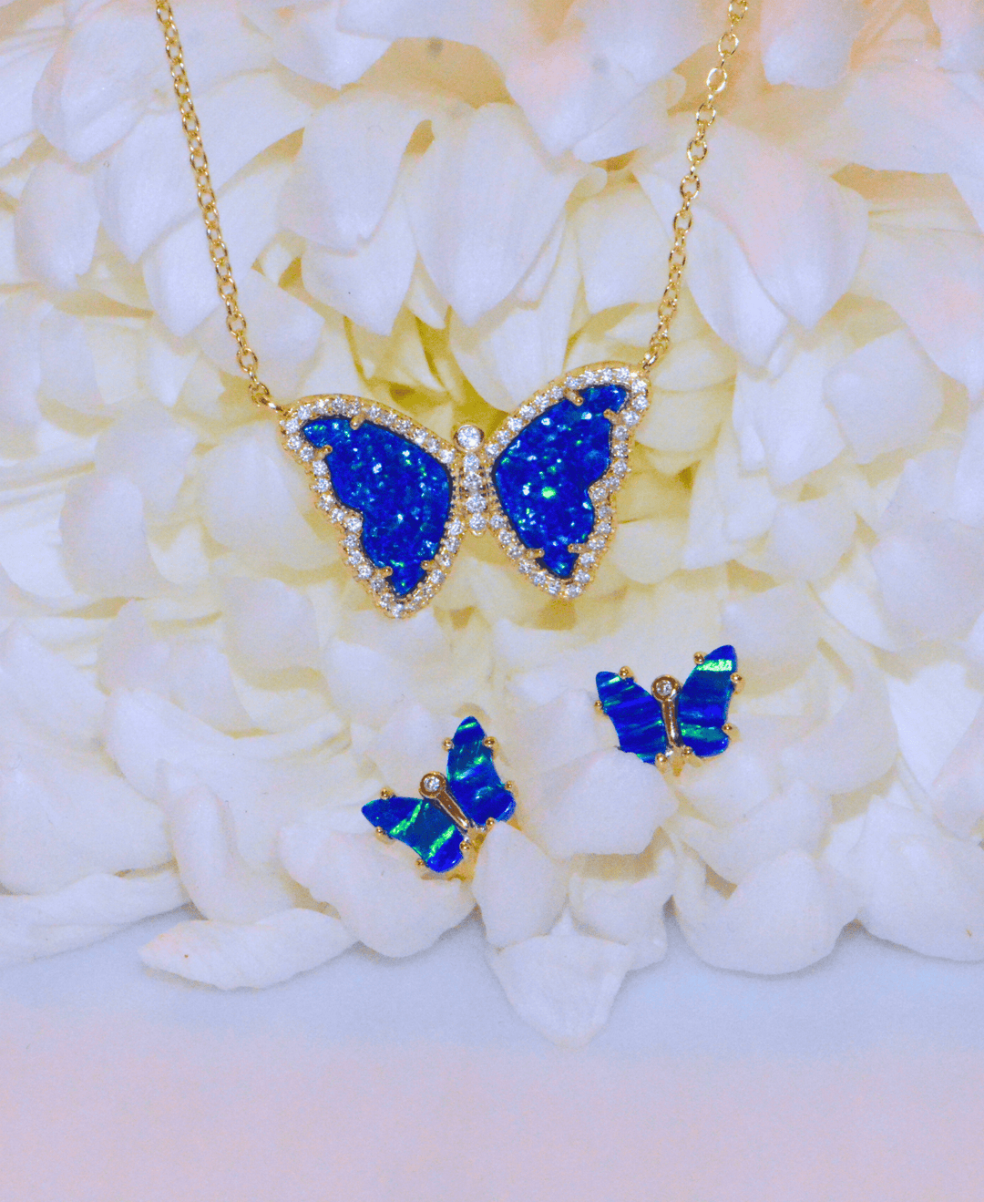 Opal Butterfly Stud Earrings: Light Blue Opal / Gold - obligato