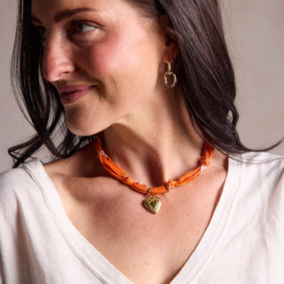 Orange Bandana Necklace: Clear Acrylic Heart Charm - Silver / Orange - obligato