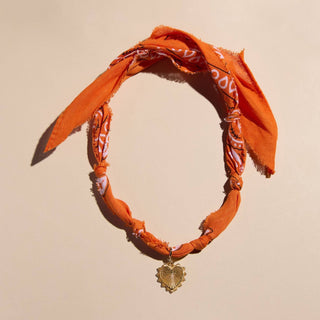 Orange Bandana Necklace: Clear Acrylic Heart Charm - Silver / Orange - obligato
