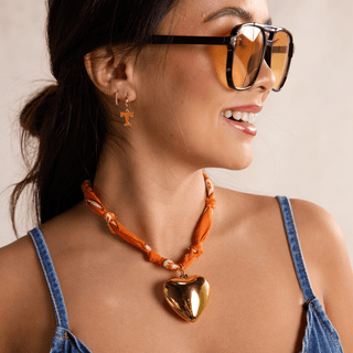 Orange Bandana Necklace: Clear Acrylic Heart Charm - Silver / Orange - obligato