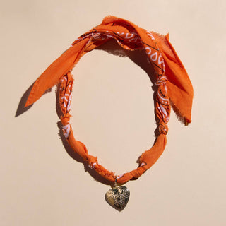 Orange Bandana Necklace: Clear Acrylic Heart Charm - Silver / Orange - obligato