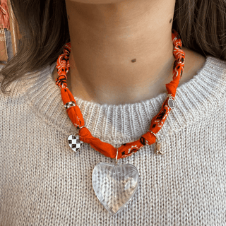 Orange Bandana Necklace: Clear Acrylic Heart Charm - Silver / Orange - obligato