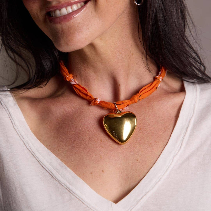 Orange Bandana Necklace: Large Heart Locket / Orange - obligato