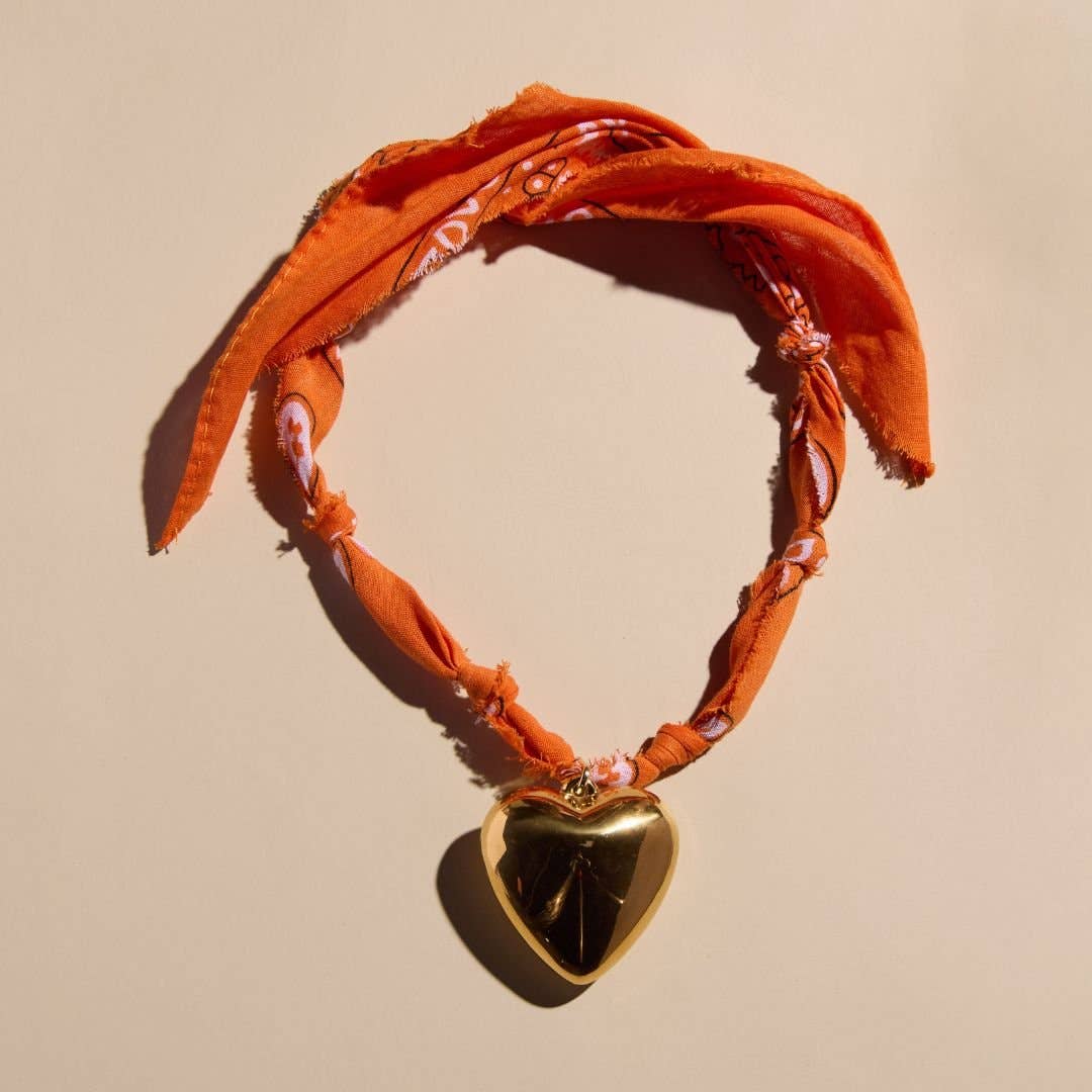 Orange Bandana Necklace: Large Heart Locket / Orange - obligato