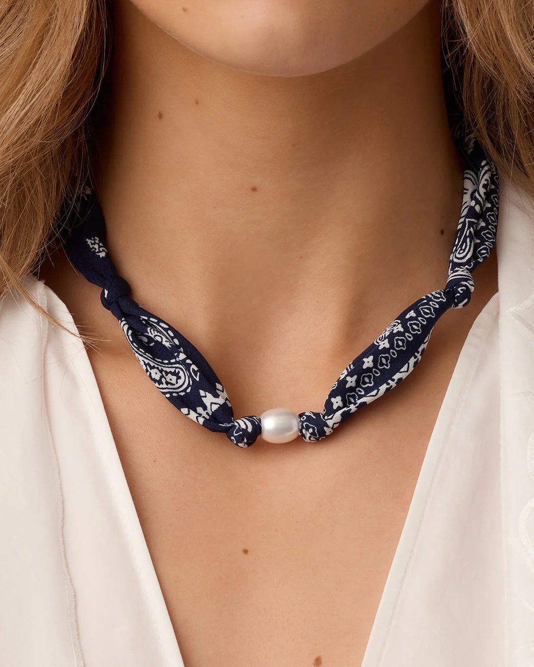 Paisley Bandana Pearl Necklace in Navy - obligato