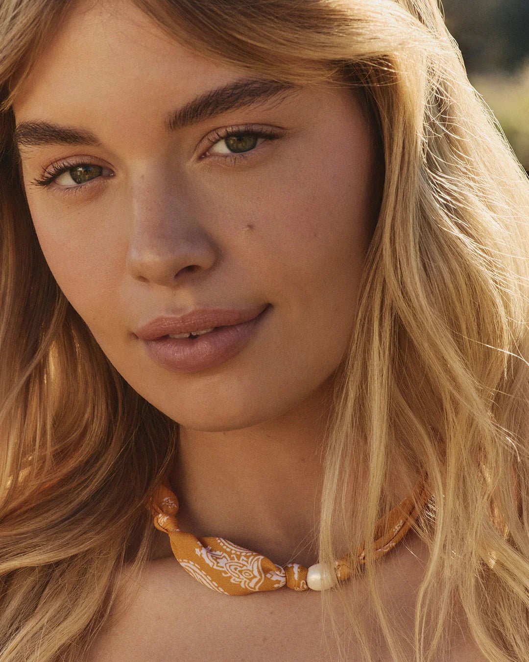 Paisley Bandana Pearl Necklace in Orange - obligato
