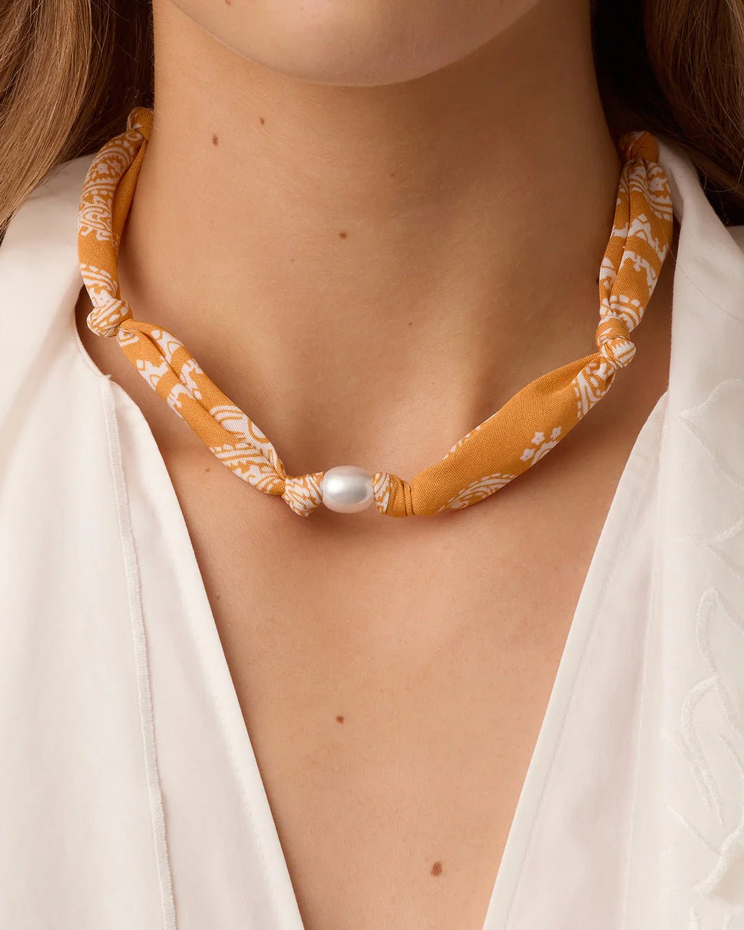 Paisley Bandana Pearl Necklace in Orange - obligato