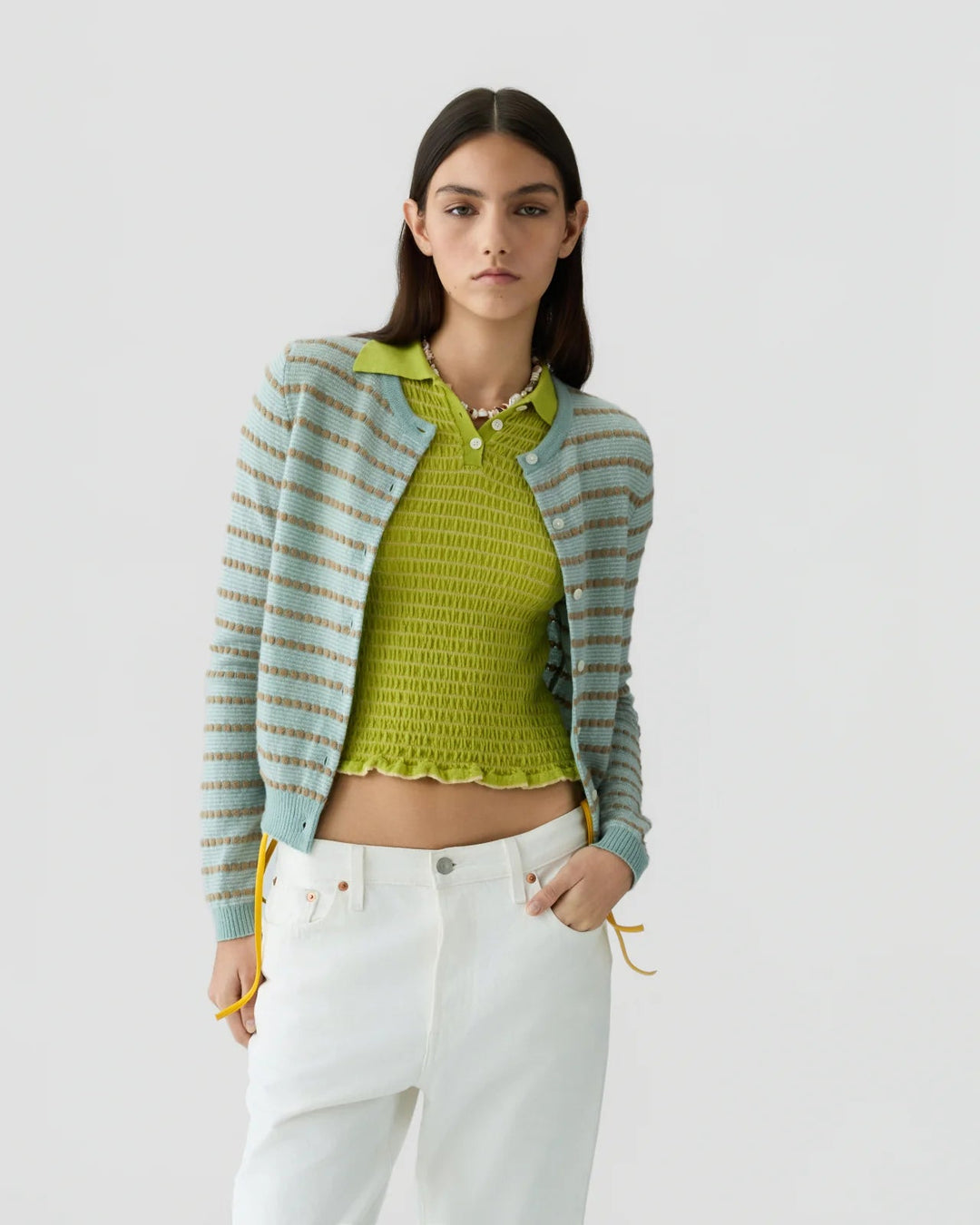 Pebble Stripe Jane Cardigan in Sage Brush Combo - obligato