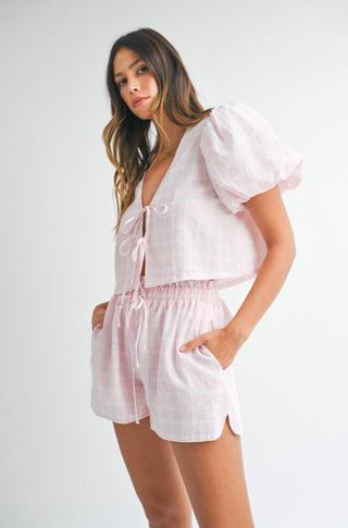 Plaid Bow Tied Blouse and Shorts Set - obligato