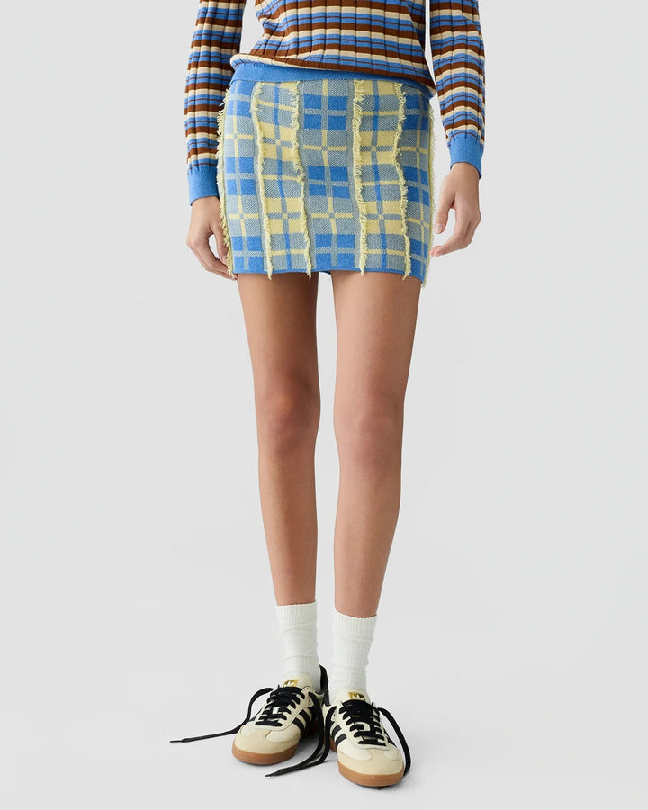 Plaid Mini Skirt in Delft Blue/Butter - obligato