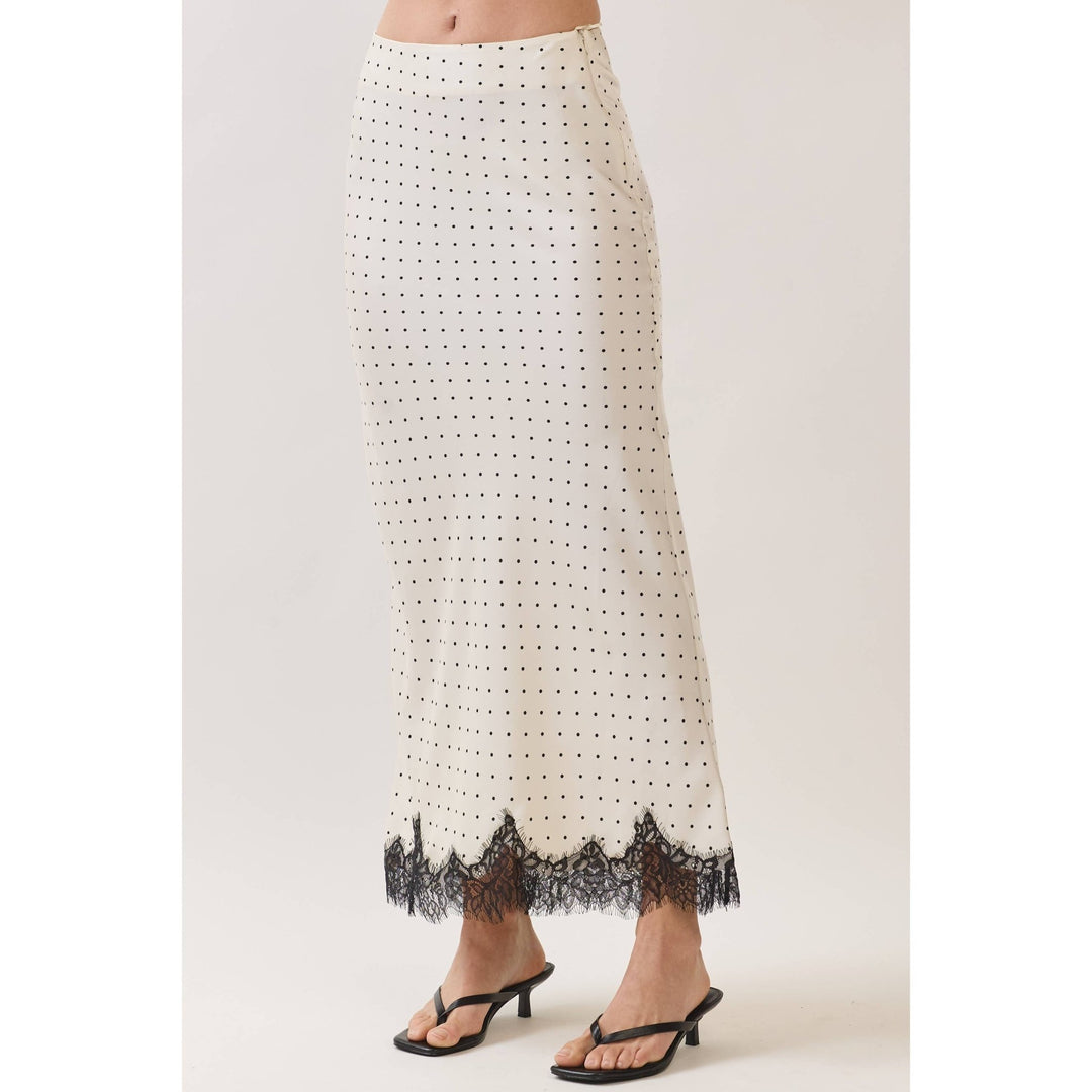 Polka Dot Satin Lace Trim Maxi Skirt in Off white - obligato
