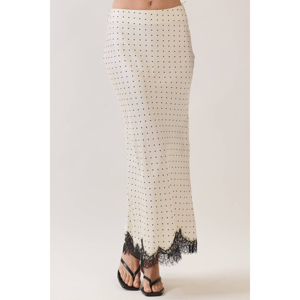 Polka Dot Satin Lace Trim Maxi Skirt in Off white - obligato