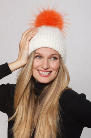 Pom Hat in White/Orange - obligato