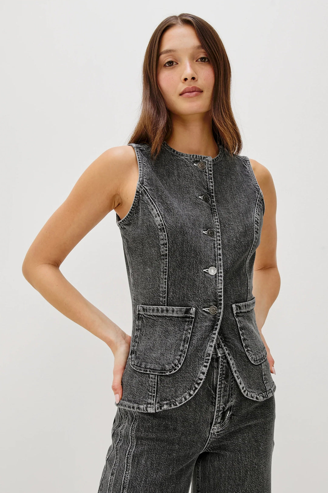 Portola Vest in Washed Charcoal Denim - obligato