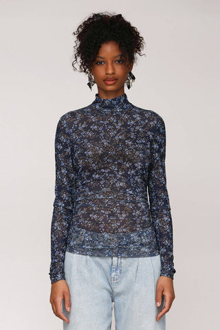 Printed Mesh Mock Neck Top: Dark Alpine / S - obligato