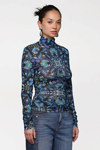 Printed Mesh Mock Neck Top: Dark Alpine / S - obligato