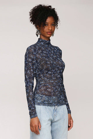 Printed Mesh Mock Neck Top: Dark Alpine / S - obligato