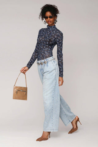 Printed Mesh Mock Neck Top: Dark Alpine / S - obligato