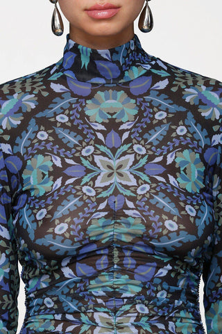 Printed Mesh Mock Neck Top: Dark Alpine / S - obligato