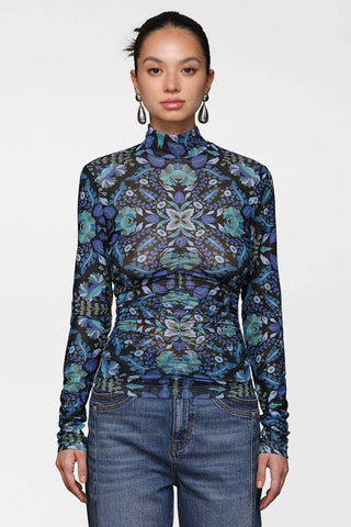 Printed Mesh Mock Neck Top: Dark Alpine / S - obligato