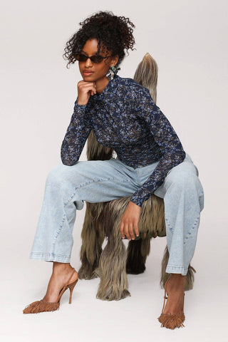 Printed Mesh Mock Neck Top: Dark Alpine / S - obligato