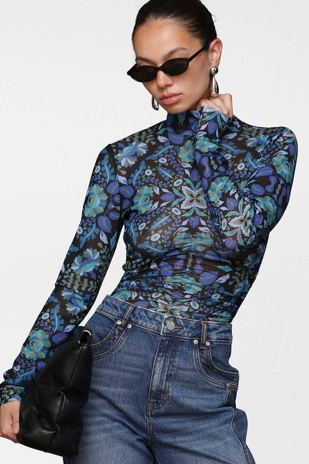 Printed Mesh Mock Neck Top: Dark Alpine / S - obligato