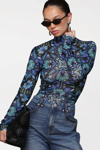 Printed Mesh Mock Neck Top: Dark Alpine / S - obligato