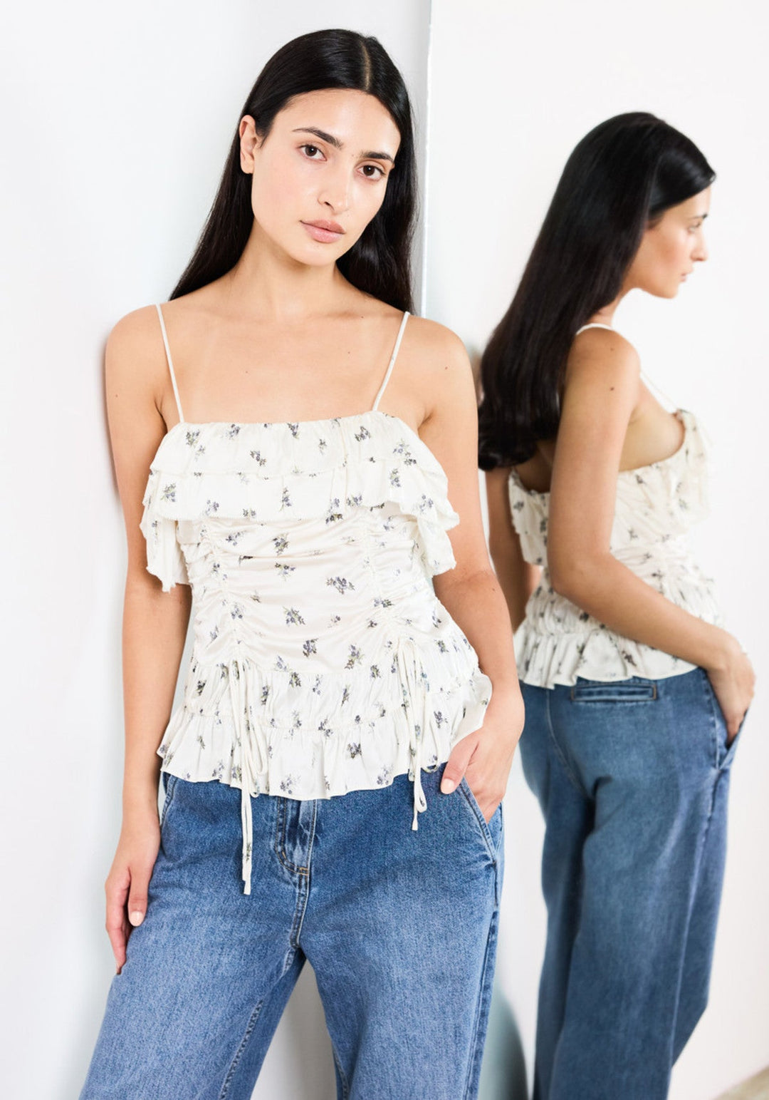 Printed Satin Slip Top in Egret - obligato