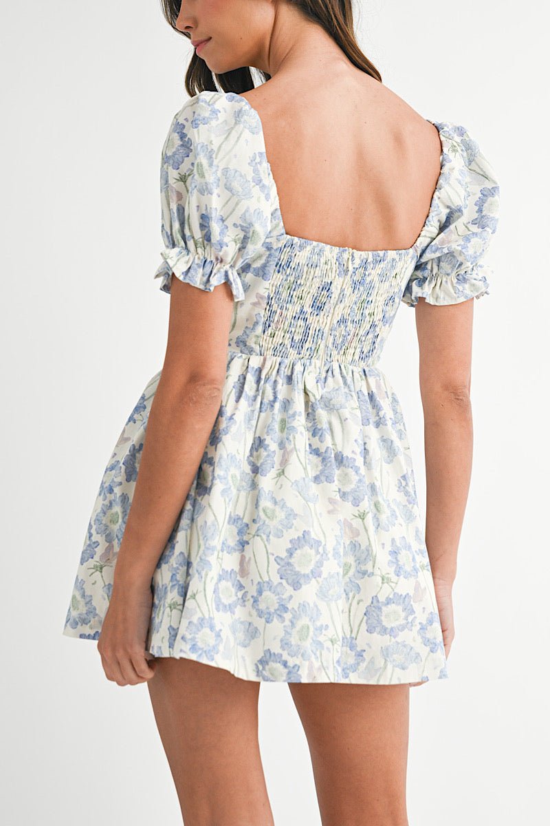 Puff Sleeve Bustier Mini Dress in Blue Sky Blooms - obligato