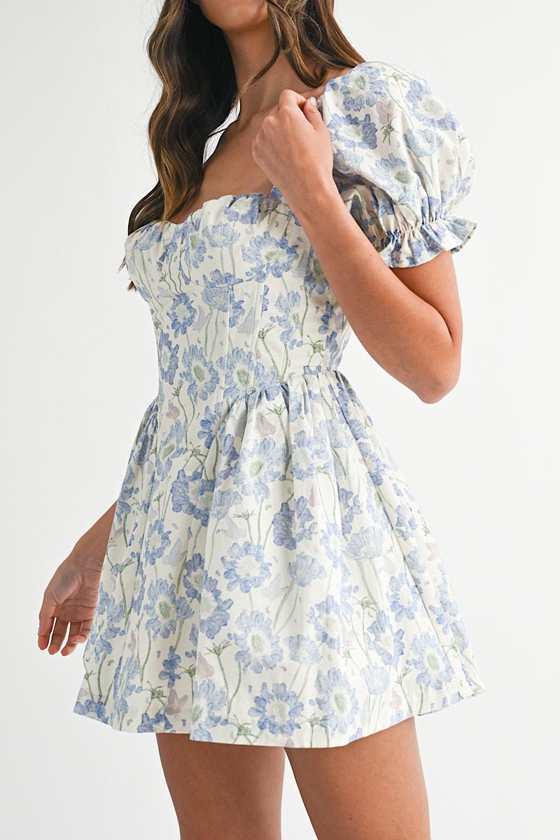 Puff Sleeve Bustier Mini Dress in Blue Sky Blooms - obligato