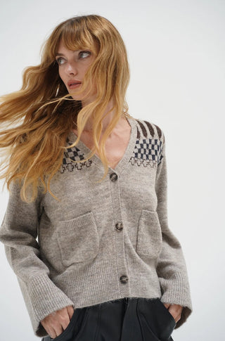 Raina Fair Isle Cardigan in Heather Beige - obligato