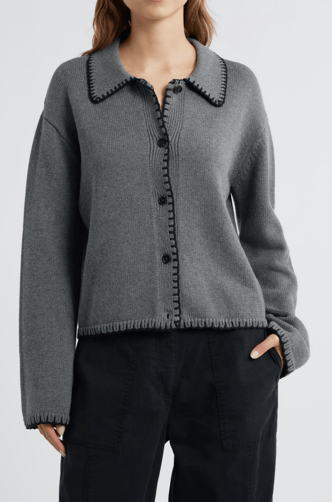 Rayleen Sweater in Charcoal Black Blanket Stitch - obligato