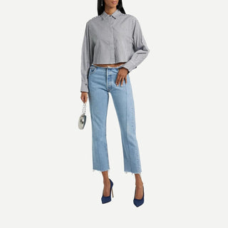 Renata Cropped Button Down in Midnight Stripe - obligato