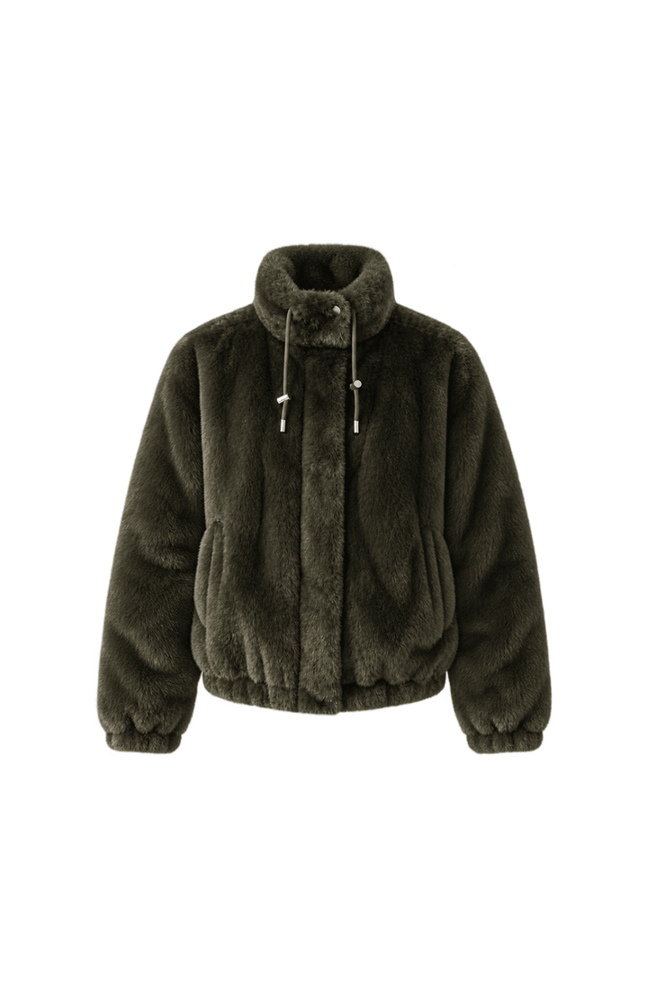 Reversible Faux Fur Bomber Jacket in Army Green - obligato