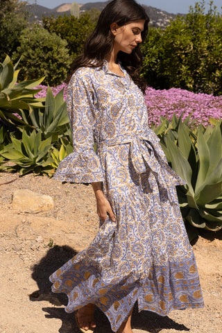 Ruffle Collar Bell Maxi Dress in Marseille Blue - obligato