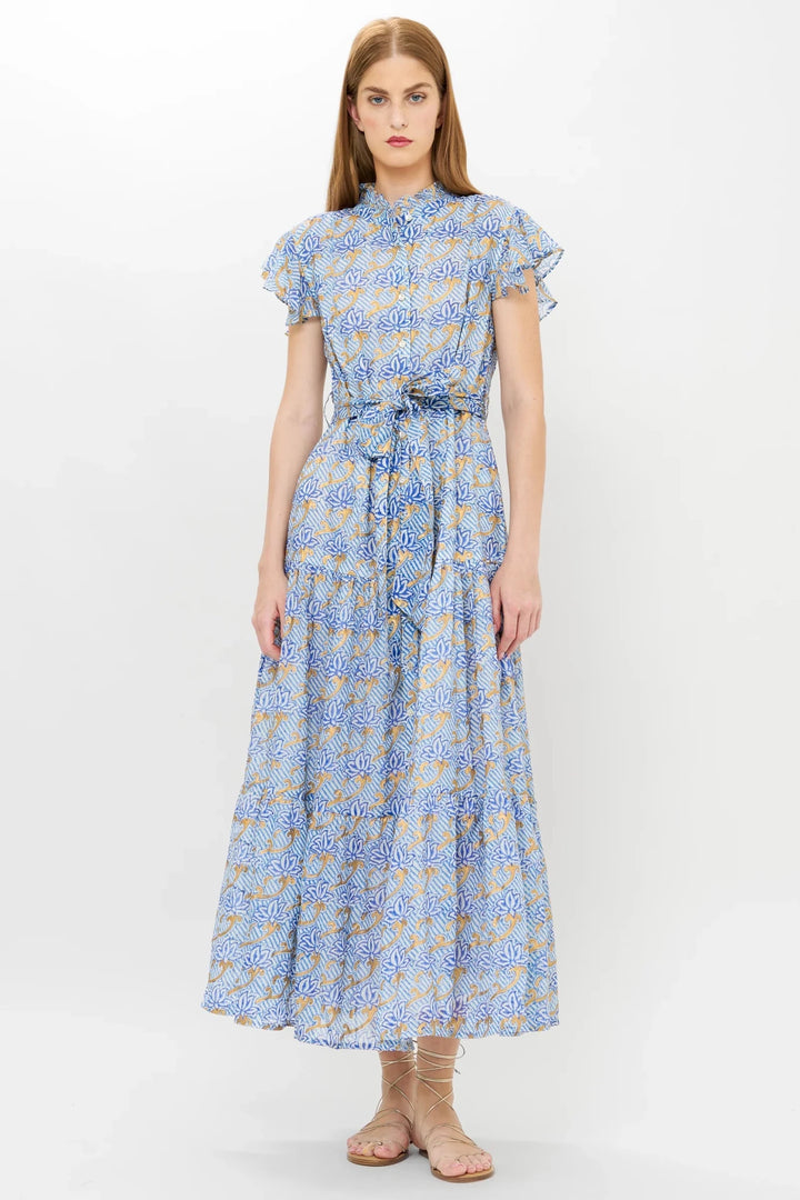Ruffle Collar Button Maxi Dress in Blue - obligato