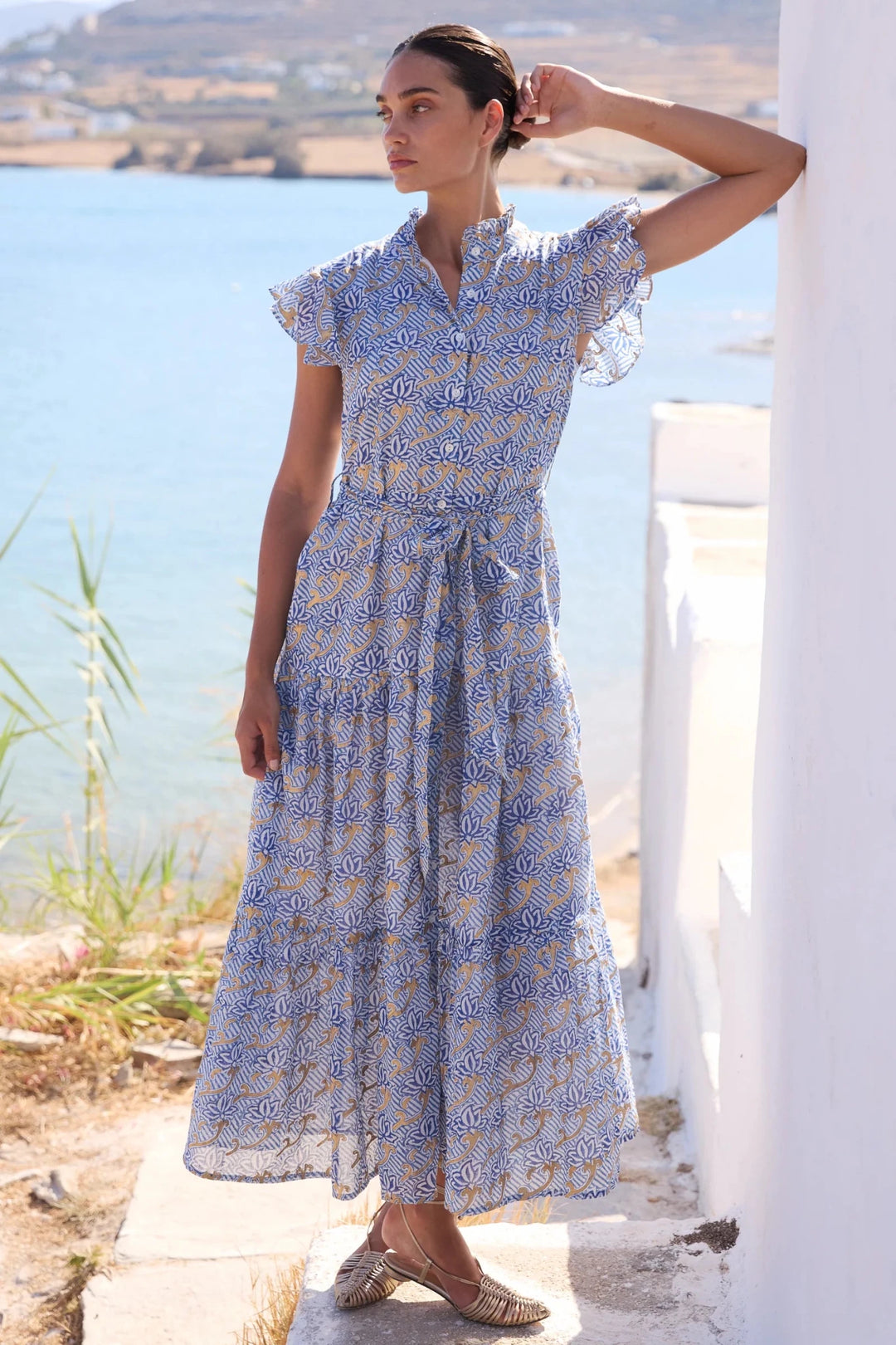 Ruffle Collar Button Maxi Dress in Blue - obligato