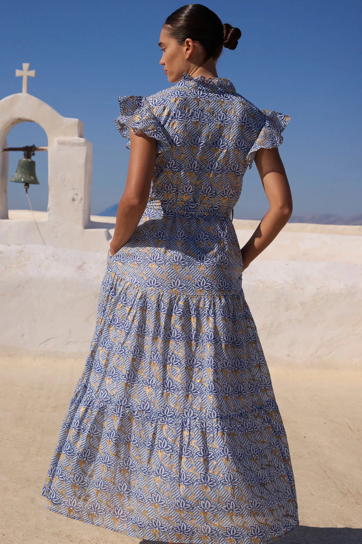 Ruffle Collar Button Maxi Dress in Blue - obligato