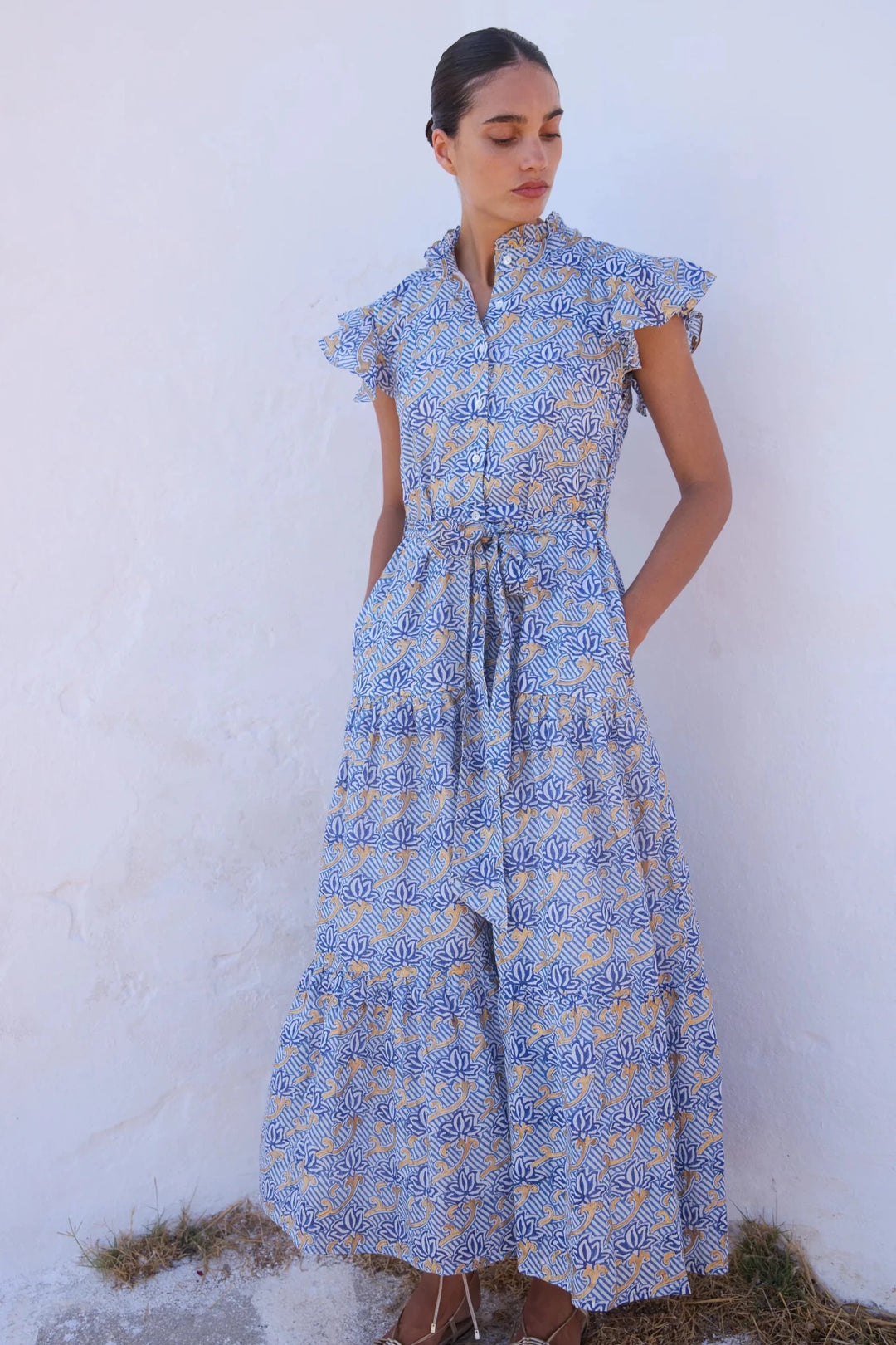 Ruffle Collar Button Maxi Dress in Blue - obligato