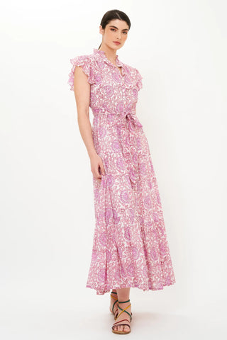 Ruffle Collar Button Maxi Dress in Malta Pink - obligato